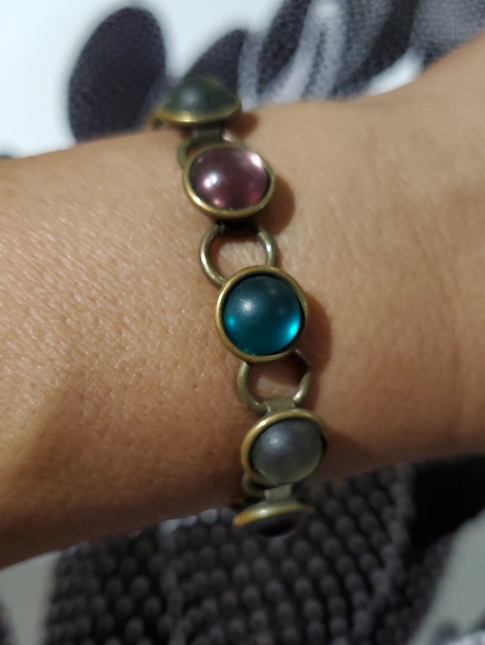 Vintage Multicolor Glass Cabochon Link Bracelet Teal Pink  Gray Cloudy Bezel Gem